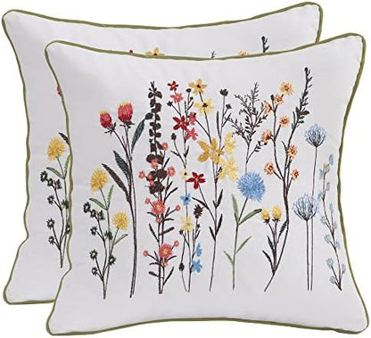  Tosleo Farmhouse Pink Tulip Embroidered Decorative Throw Pillow Covers 18x18 Set Of 2 Flowers Tufted Pillow Cushion Cases Square Floral Cotton Pillowcases For Wedding Sofa Couch Bedroom Living Room