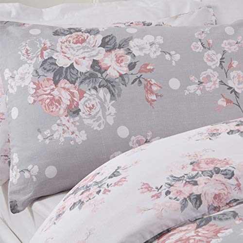  English Rose Duvet Cover With Pillow Case Reversible Floral Bedding Set, Grey Blush White - Single