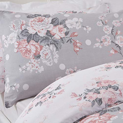  English Rose Duvet Cover With Pillow Case Reversible Floral Bedding Set, Grey Blush White - Single