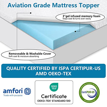  3 Inch Gel Memory Foam Mattress Topper California King Size, High Density Cooling Pad Pressure Relief Bed Topper For Back Pain, With Removable Breathable Soft Bamboo Cover, CertiPUR-US Certified