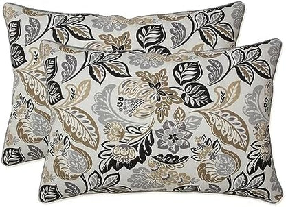  Pillow Perfect Floral Outdoor Throw Accent Pillow, Plush Fill, Weather, And Fade Resistant, Large Lumbar - 16.5" X 24.5", Blue/Tan Telfair, 2 Count