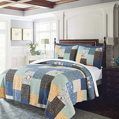  100% Cotton Luxury Decorative Bedspread With Multi Print Floral Patchwork Quilt, Soft & Oversized Coverlet, King 110x96”, Ivory & Brown