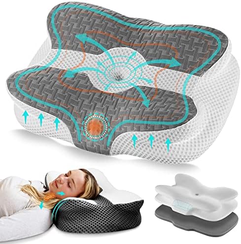  Elviros Cervical Pillow, Contour Memory Foam Pillow For Neck Pain Relief, Adjustable Orthopedic Contour Support Pillows For Sleeping, Ergonomic Bed Pillow For Side, Back, Stomach Sleepers (Dark Grey)
