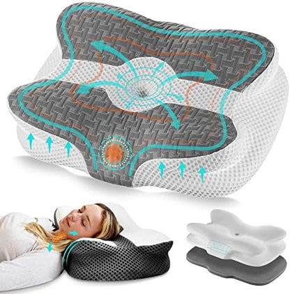  Elviros Cervical Pillow, Contour Memory Foam Pillow For Neck Pain Relief, Adjustable Orthopedic Contour Support Pillows For Sleeping, Ergonomic Bed Pillow For Side, Back, Stomach Sleepers (Dark Grey)