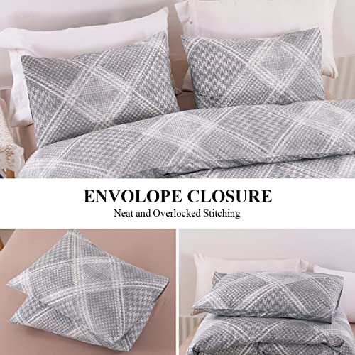  Plaid Duvet Cover 100% Cotton Gray Grid Duvet Cover Queen Size 3 Pcs Patterned Geometric Duvet Cover Set Modern Scottish Houndstooth Bedding Set Soft Breathable Comforter Cover Zipper Closure