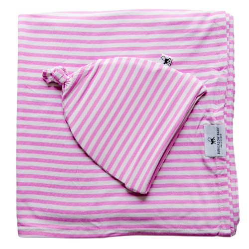  BUNGALOW BABY Swaddle Set - Premium Bamboo Viscose Baby Swaddle Blanket & Hat Set, Baby Boy, Baby Girl, Unisex, Newborn Swaddle, Bamboo Blanket, Stocking Suffer For Baby (Dash/Black & White)