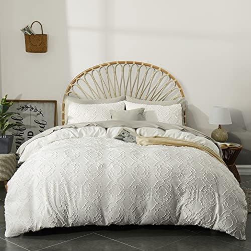  Duvet Cover Queen Size, 3 Pieces Tufted Comforter Cover Set, Soft And Embroidery Shabby Chic Boho Bedding Sets For All Seasons, White