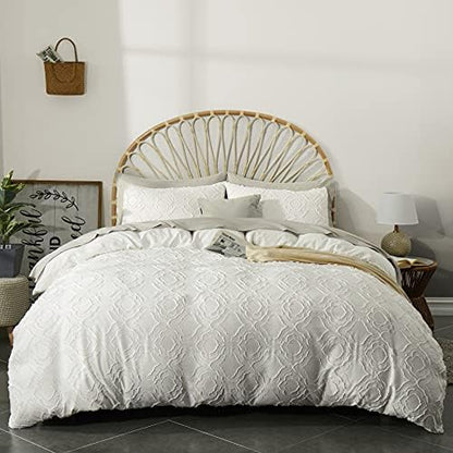  Duvet Cover Queen Size, 3 Pieces Tufted Comforter Cover Set, Soft And Embroidery Shabby Chic Boho Bedding Sets For All Seasons, White