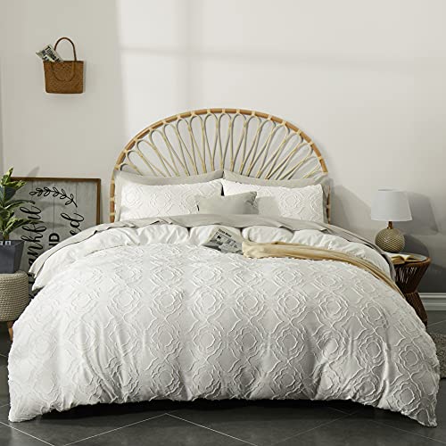  Duvet Cover Queen Size, 3 Pieces Tufted Comforter Cover Set, Soft And Embroidery Shabby Chic Boho Bedding Sets For All Seasons, White