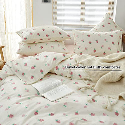  Cute Strawberry Duvet Cover Twin Kids Girls Bedding Set Kawaii Bedroom Decor Cotton Quilt Cover With Zipper Lightweight 3 Piece Bed Set With 2 Pillow Cases, Cream White