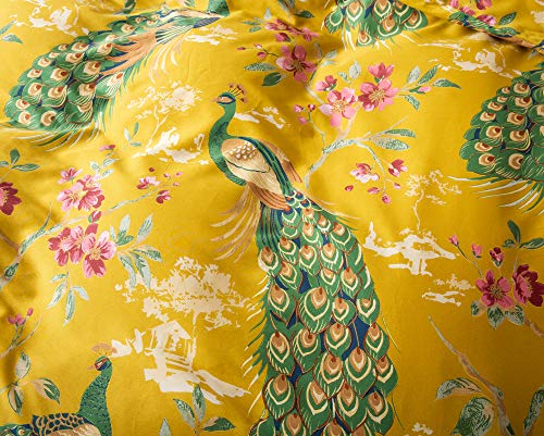  Eikei Chinoiserie Chic Peacock Floral Duvet Cover Paradise Garden Botanical Bird And Tree Branches Vintage Stylized Long Staple Cotton Bedding Set (King, Citrine)