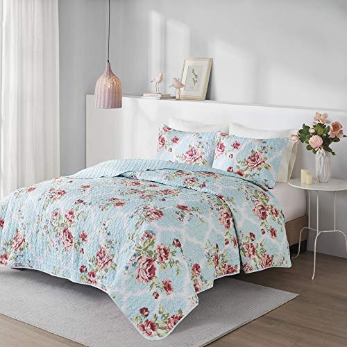  Comfort Spaces Reversible Quilt Set-Vermicelli Stitching Design All Season, Lightweight, Coverlet Bedspread Bedding, Matching Shams, King/Cal King (104 In X 90 In), Natalie Floral Blue 3 Piece
