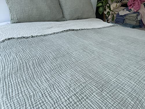  100% Cotton Muslin Throw Blanket, 4 Layers Bedspread, Soft Turkish Cotton Muslin Bed Cover, Reversible Coverlet, Green (Two Pillowcase 20x30)