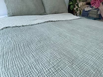  100% Cotton Muslin Throw Blanket, 4 Layers Bedspread, Soft Turkish Cotton Muslin Bed Cover, Reversible Coverlet, Green (Two Pillowcase 20x30)