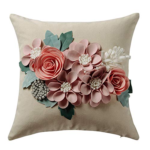  JWH 3D Flower Throw Pillow Cover Aesthetic Decorative Floral Accent Pillow Case Colorful Cushion Handmade Pillowcase Bed Bedroom Couch Office 18x18 Inch Beige & Pink