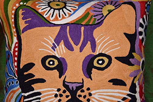  Kashmir Designs Cat Pillow Cover | Kitty Accent Pillow | Modern Cats Cushion | Colorful Cat Pillows | Cat Face On Pillow | Cat Lover Gift | Hand Embroidered Cushions | Wool Size - 18x18