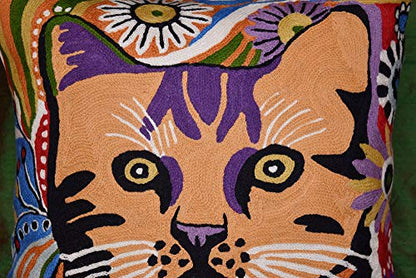  Kashmir Designs Cat Pillow Cover | Kitty Accent Pillow | Modern Cats Cushion | Colorful Cat Pillows | Cat Face On Pillow | Cat Lover Gift | Hand Embroidered Cushions | Wool Size - 18x18