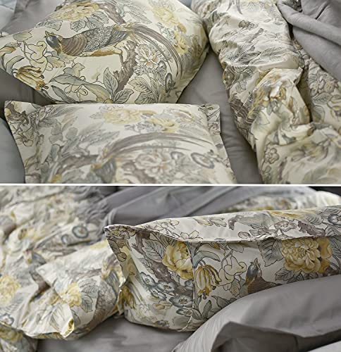  Eikei Chinoiserie Chic Peacock Floral Duvet Cover Paradise Garden Botanical Bird And Tree Branches Vintage Stylized Long Staple Cotton 2pc Bedding Set (Twin, Yellow)