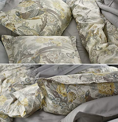 Eikei Chinoiserie Chic Peacock Floral Duvet Cover Paradise Garden Botanical Bird And Tree Branches Vintage Stylized Long Staple Cotton 2pc Bedding Set (Twin, Yellow)