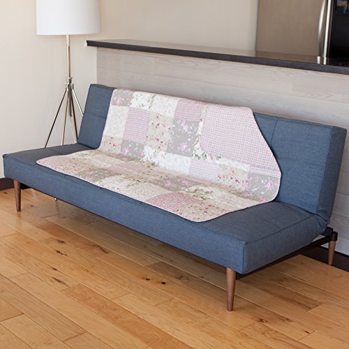  Ecret Garden 50" X 60" Cotton Quilted Throw Blanket: Floral Farmhouse Comforter, 100% Cotton Pink Grey Quilt, Patchwork Coverlet, Traditional Quilt For Couch And Bed, Country Lap Cover