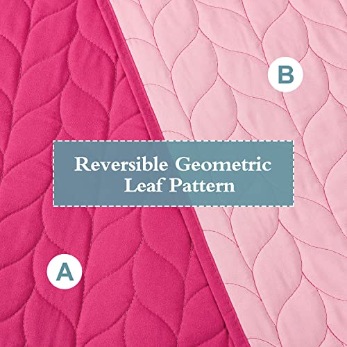  HIG 3 Piece Minimal Style Oversized Bedspread Set Queen, Hot Pink Reversible Stitch Quilted Coverlet Set With Leaf Pattern, Feminine Solid Quilt Set For Bedroom, Microfiber, 100" X 106" (Milano)