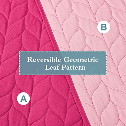  HIG 3 Piece Minimal Style Oversized Bedspread Set Queen, Hot Pink Reversible Stitch Quilted Coverlet Set With Leaf Pattern, Feminine Solid Quilt Set For Bedroom, Microfiber, 100" X 106" (Milano)