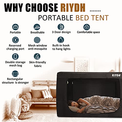  RIYDH Bed Tent Queen Bed Canopy Tents - Portable Dream Tent For Kids And Adult Indoor Sleeping Tents 70% Blackout With 3 Doors Breathable Private Space Tents