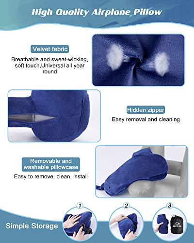  JefDiee Neck Pillow For Travel Inflatable Airplane Pillow Comfortably Supports Head, Neck And Chin, Inflatable Travel Pillow With Soft Velour Cover And Portable Luxury Bag (Blue)