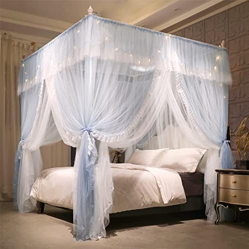  VETHIN 4 Corners Post Ruffle Princess Bed Canopy Curtain-Double Layer Cozy Drape Netting 4 Opening Mosquito Net For Girls Adults Bedroom Decoration (Double-Black,64" W*82" L*82"*H/Queen)