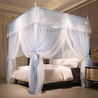  VETHIN 4 Corners Post Ruffle Princess Bed Canopy Curtain-Double Layer Cozy Drape Netting 4 Opening Mosquito Net For Girls Adults Bedroom Decoration (Double-Black,64" W*82" L*82"*H/Queen)