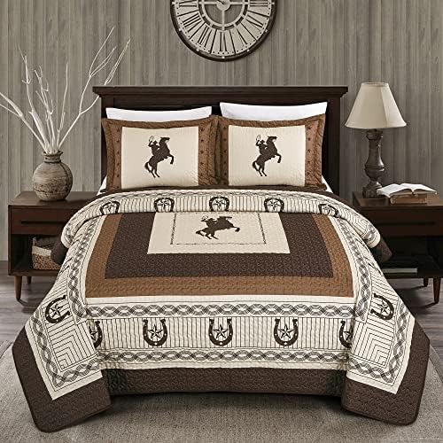  Sapphire Home Luxury 3-Piece Quilt Bedspread Set - Western Design Collection - Wild Horse Country/Horseshoe/Star/Cowboy/Southwestern Blue/Tayler Design W/Pillow Sham - Queen Size, Beige Brown