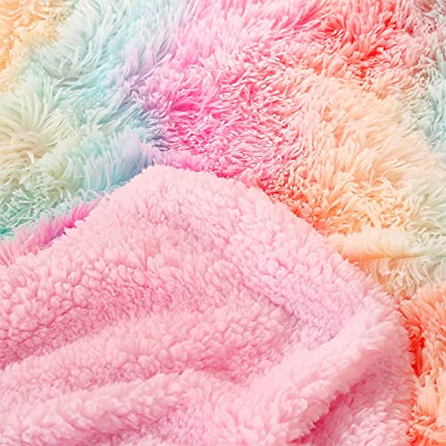  DANGTOP Faux Fur Throw Blanket, Tie Dye Fluffy Blanket, Super Soft Rainbow Blanket For Girls, Luxury Cozy Warm Plush Thick Sherpa Throws For Bed Couch Living Room (Rainbow, 59x79 Inches)