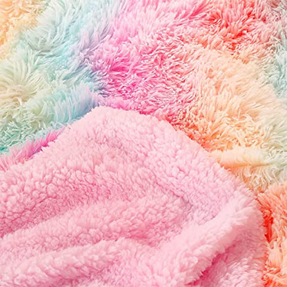  DANGTOP Faux Fur Throw Blanket, Tie Dye Fluffy Blanket, Super Soft Rainbow Blanket For Girls, Luxury Cozy Warm Plush Thick Sherpa Throws For Bed Couch Living Room (Rainbow, 59x79 Inches)