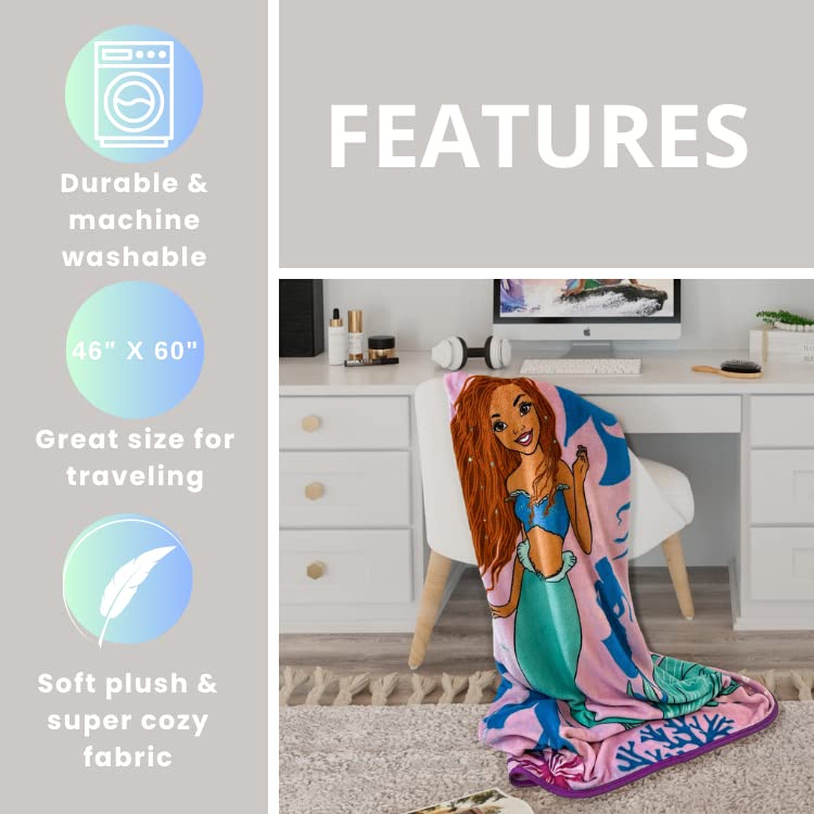  Franco Disney Princess Ariel The Little Mermaid Live Action Movie Kids Bedding Super Soft Plush Micro Raschel Throw, 46 In X 60 In, (Official Licensed Product)