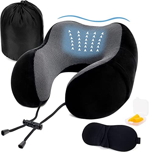  Golden Scute Travel Neck Pillow, Soft Travel Pillow For Airplanes 100% Memory Foam Airplane Pillow Travel Neck Pillow Sets For Airplane, Sleeping, Office, Neck Pain (Black)