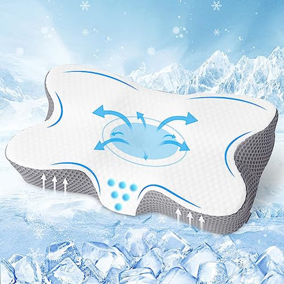  HOMFINE Cervical Memory Foam Cooling Pillow - Ergonomic Pillow For Neck And Shoulder Pain, Orthopedic Contoured Support Pillow For Side, Back And Stomach Sleepers With Breathable Cooling Cover,Grey
