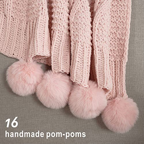  Chunky Knit Blanket With Pom Poms- Thick, Soft, Big, Cozy Throw Blankets For Couch, Bed, Sofa, Chair-50×60 Inches,Pink