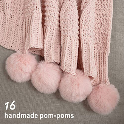  Chunky Knit Blanket With Pom Poms- Thick, Soft, Big, Cozy Throw Blankets For Couch, Bed, Sofa, Chair-50×60 Inches,Pink