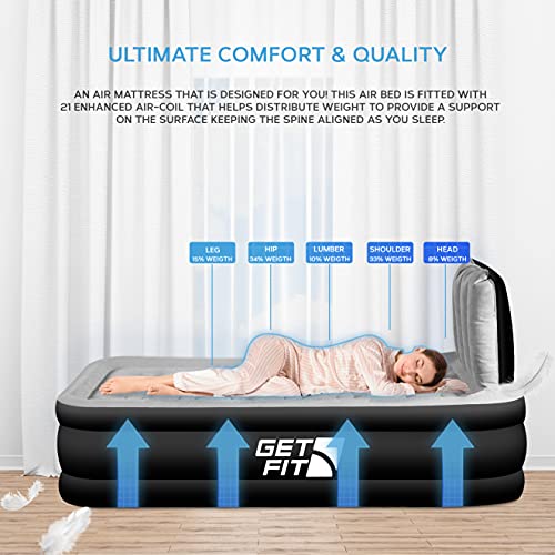 Air Bed With Built In Electric Pump - Premium Twin Airbed - Quick Blow Up Bed With Headboard & Free Inflatable Pillow - Elevated Inflatable Air Mattress For Outdoor, Camping - Black/Grey