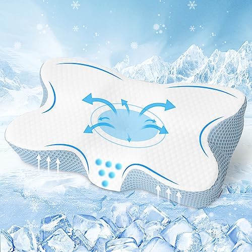  HOMFINE Cervical Memory Foam Cooling Pillow - Ergonomic Pillow For Neck And Shoulder Pain, Orthopedic Contoured Support Pillow For Side, Back And Stomach Sleepers With Breathable Cooling Cover,Grey