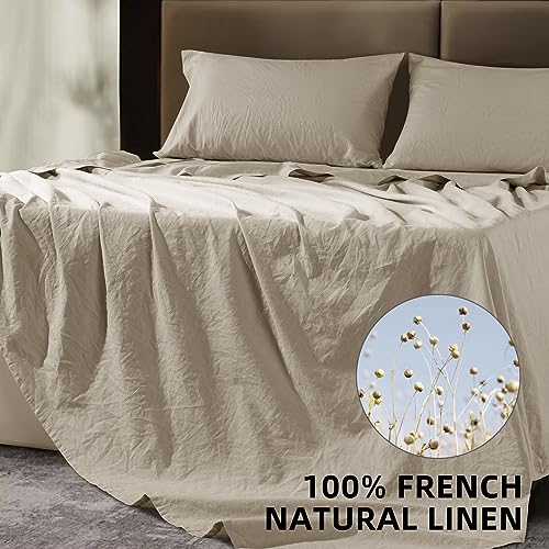  SONORO KATE 100% French Pure Linen Sheets, Breathable And Durable Line King Size Sheets, Anti-Tear Line Bed Sheets, Machine Washable, 16 Inch Deep Pocket - 4 Piece (Natural Linen, King)