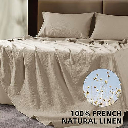 SONORO KATE 100% French Pure Linen Sheets, Breathable And Durable Line King Size Sheets, Anti-Tear Line Bed Sheets, Machine Washable, 16 Inch Deep Pocket - 4 Piece (Natural Linen, King)