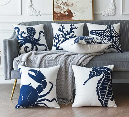  DECOPOW Embroidered Nautical Decor Pillow Cover,Square 18 Inches Decorative Canvas Pillow Cover For Nautical Style Deco By (Navy-Starfish-New)