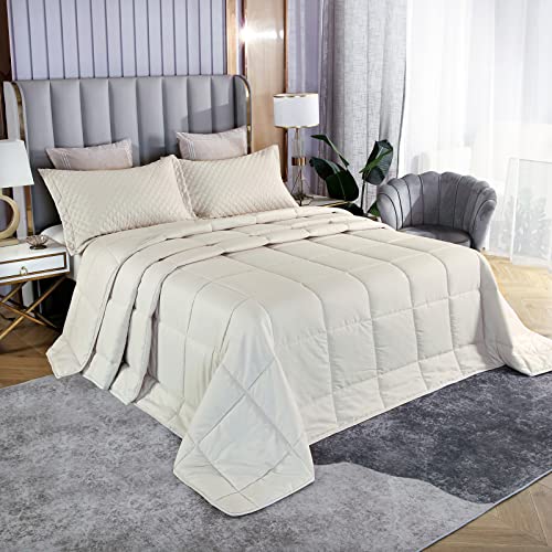  SOULOOOE 128x120 Oversized King Plus Comforter Extra Large King Size Quilts 3 Pieces Lightweight Reversible Down Alternative Cooling Summer Comforter For All Season With 8 Corner Tabs Beige