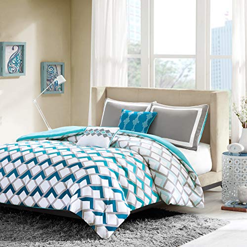  Intelligent Design Cozy Comforter Set Geometric Design Modern All Season Vibrant Color Bedding Set With Matching Sham, Decorative Pillow, Full/Queen, Finn Blue 5 Piece