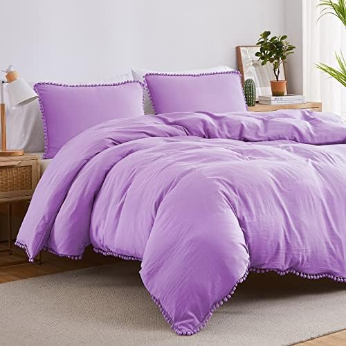  Pink Duvet Cover Queen Size, 3 Pieces Soft Washed Microfiber Duvet Cover Set With Boho Pom Pom Fringe, Pink, 90x90 Inches