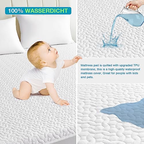  Mooreeke Premium 100% Waterproof Cooling Mattress Protector Queen Size Tencel Breathable Mattress Pad, Deep Pocket Fitted Mattress Cover Smooth Noiseless Soft Cooler Than Bamboo & Machine Washable