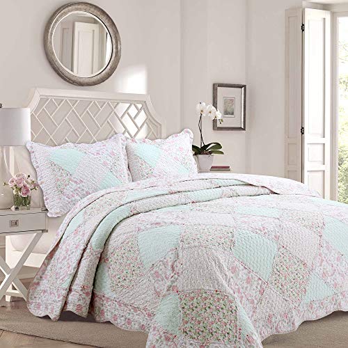  Cozy Line Home Fashions 100% Cotton Real Patchwork Floral Pink Rose Shabby Chic Girly Reversible Quilt Bedding Set, Coverlet Bedspread (La Rosa Rêve, King - 3 Piece)