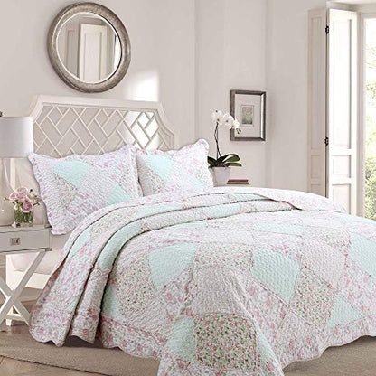  Cozy Line Home Fashions 100% Cotton Real Patchwork Floral Pink Rose Shabby Chic Girly Reversible Quilt Bedding Set, Coverlet Bedspread (La Rosa Rêve, King - 3 Piece)