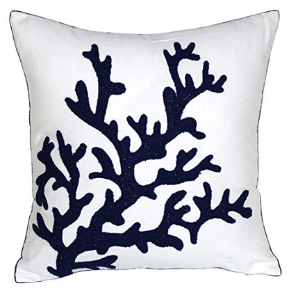  DECOPOW Embroidered Nautical Decor Pillow Cover,Square 18 Inches Decorative Canvas Pillow Cover For Nautical Style Deco By (Navy-Coral)